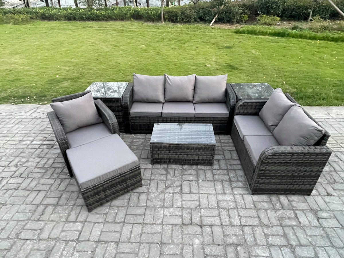 GARTENSET Polyrattan Dunkelgrau 6-Sitzer - Dunkelgrau/Grau, Glas/Kunststoff - Fimous