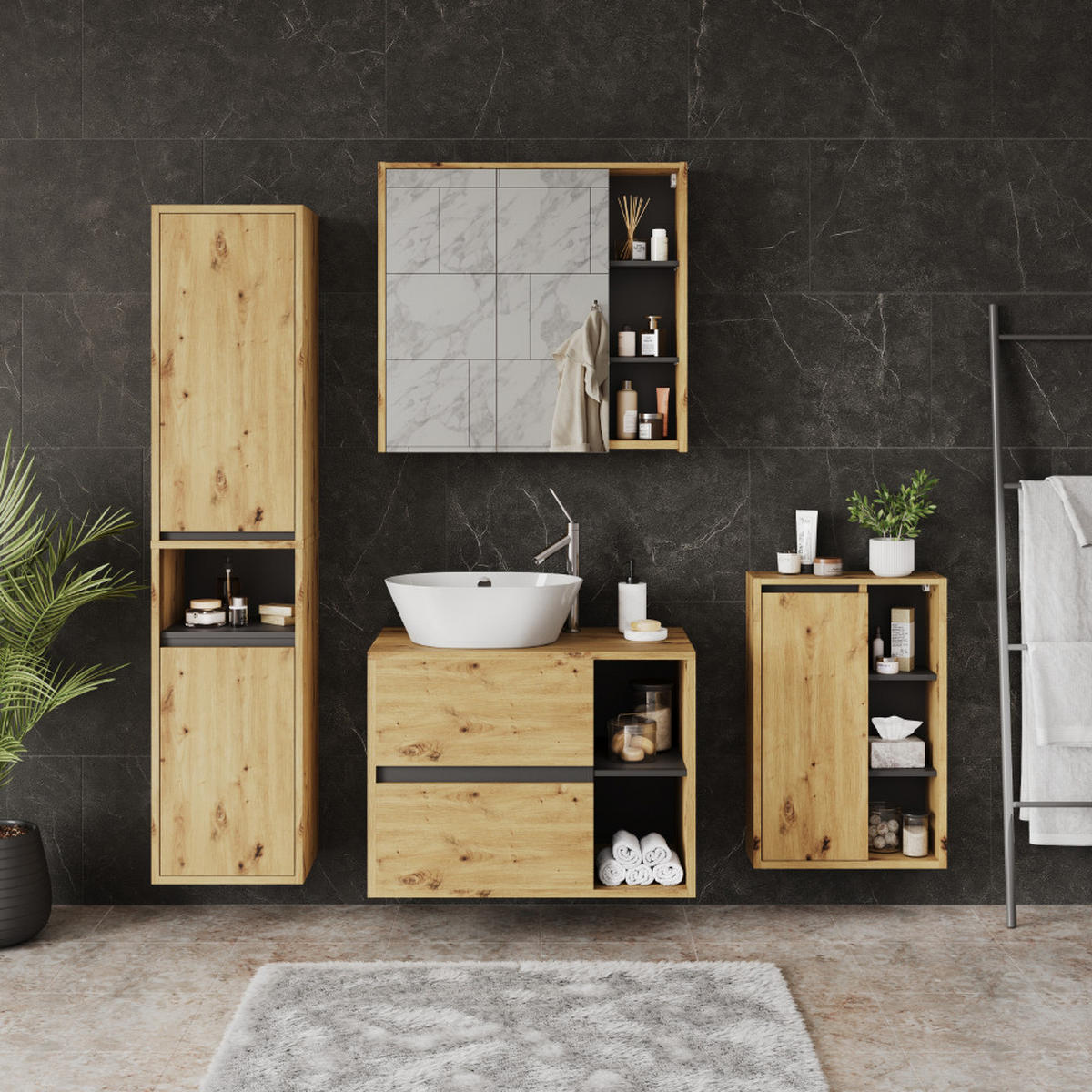 MIDISCHRANK Viola Artisan/Grau 50 x 86 cm mit offenen Regalen - Hellgrau/Grau, Holzwerkstoff (50/86/33cm) - Vicco