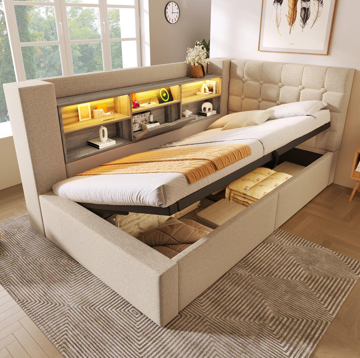 POLSTERBETT 90/200 cm Beige aus Leinen mit Stauraum und LED - Beige, Textil (90/200cm) - OKMYHOME