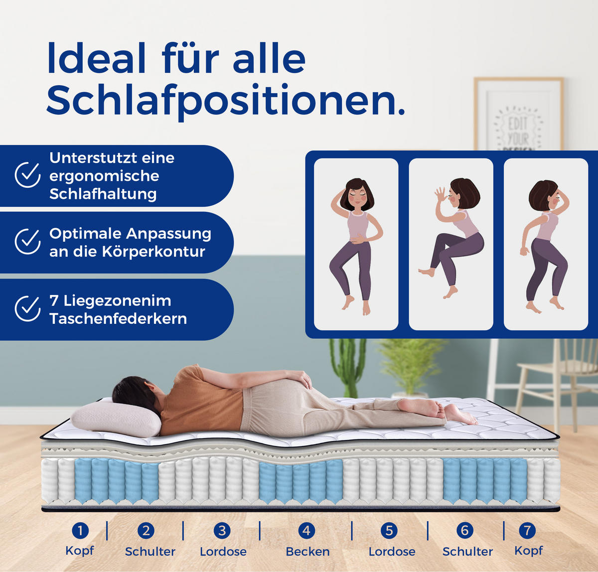 TASCHENFEDERKERNMATRATZE 140/200 cm Weiß + Grau 23 cm hoch, Härtegrad H3, 7 Zonen Matratze - Weiß, Textil (140/200cm) - Oxeza