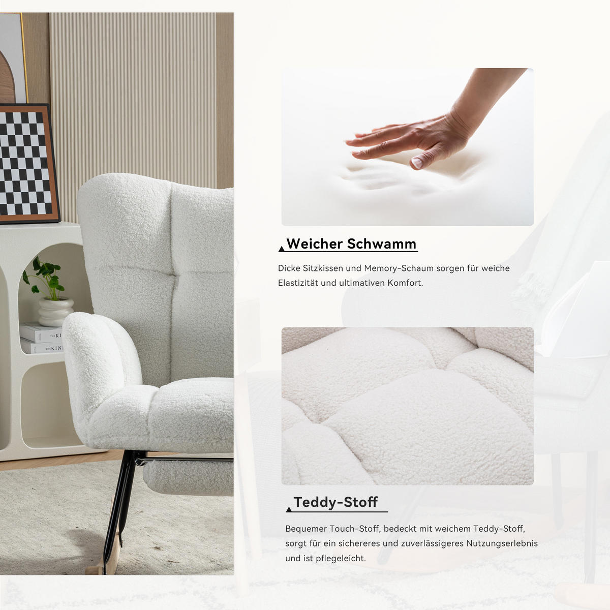 SCHAUKELSTUHL Teddy-Stoff mit klappbarer Fußablage 80/98/98.5 cm Weiß - Weiß, Textil (98/98.5/80cm) - Redom