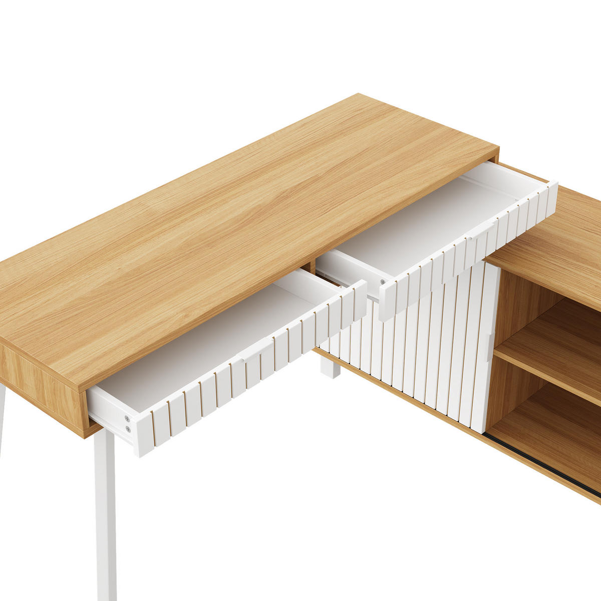 BÜROSCHREIBTISCH in natur & weiß, stahlgestell, rillen-design - Naturfarben, Holzwerkstoff (120/140/76.5cm) - Urban Meuble