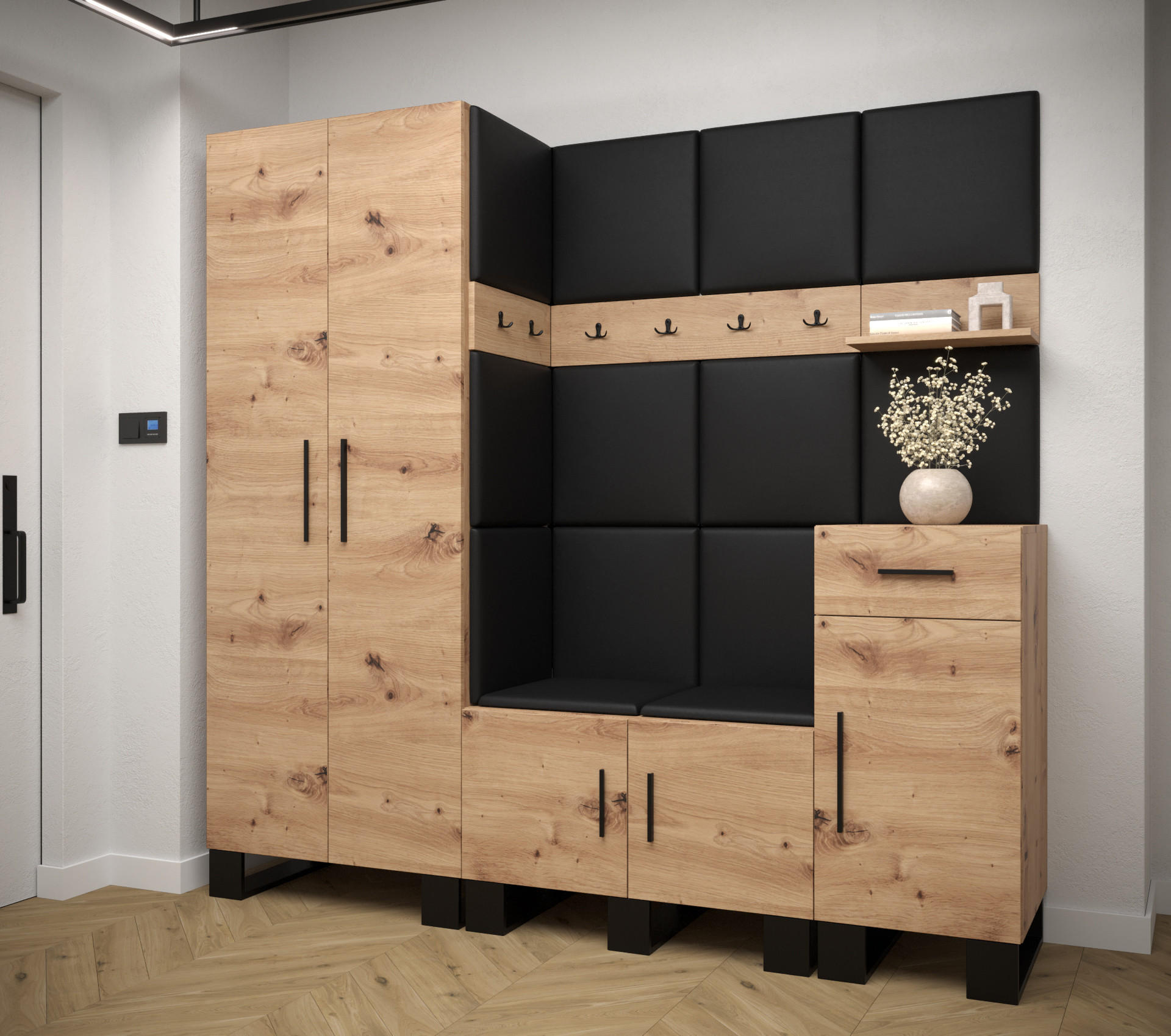 GARDEROBEN-SET 196/200/45,6 - Schwarz/Eiche Artisan, Holz/Kunststoff (200/196/45.6cm) - Abiks Möbel
