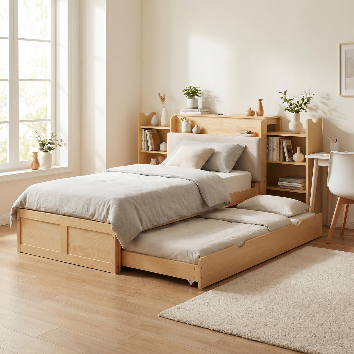 BETT 90/200 cm in Naturholzfarben & Beige mit Ausziehbett, Ablage, USB - Naturfarben, Holz/Holzwerkstoff (90/200cm) - WISHDOR