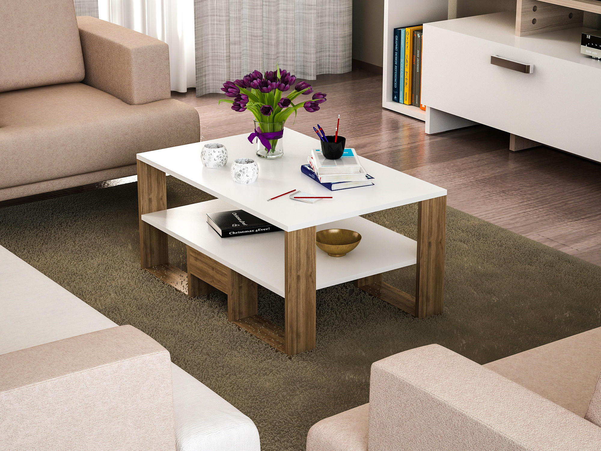 Thumbnail - moebel17 Couchtisch, Weiß, Walnuss, Holzwerkstoff, Holz Optik, 1 Fächer, Rechteckig, 90x45x60 cm, Wohnzimmer, Wohnzimmer...