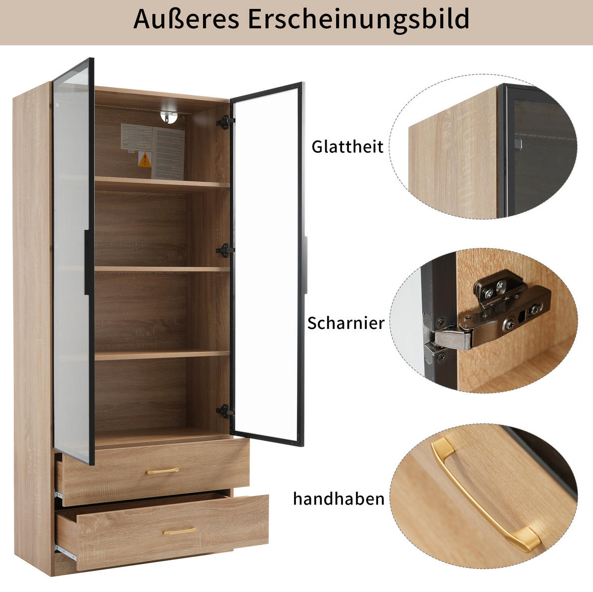 VITRINE 75 cm Braun mit Lichtleiste und Glastür - Braun, Holzwerkstoff (75/170/34.5cm) - Flora Grace