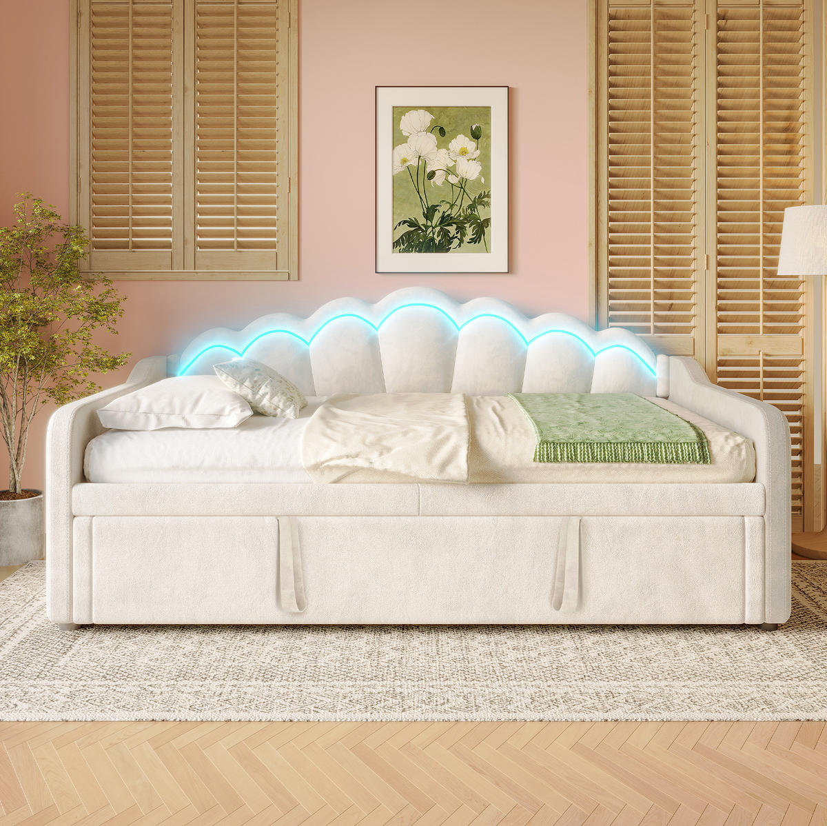 BETT 90/200 cm ausziehbar auf 180/200 cm mit Kopfteil und LED in Beige - Beige, Textil (90/200cm) - BEAOK