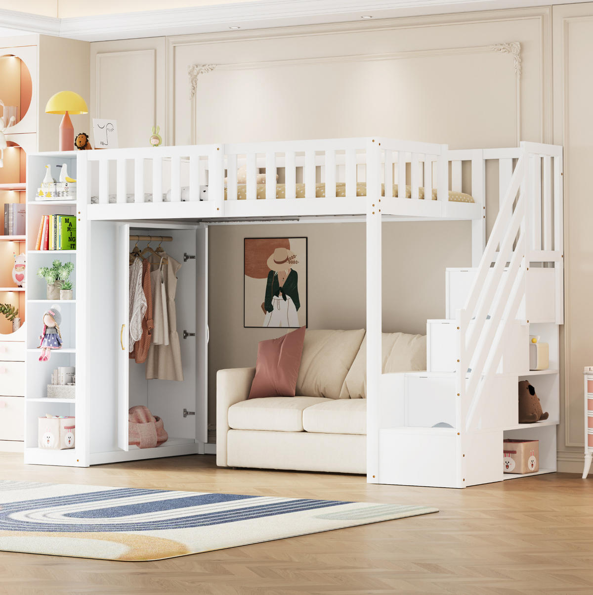 HOCHBETT 90/200 cm in Weiß mit Kleiderschrank, Regalen und Stauraumleiter - Weiß, Holzwerkstoff (90/200cm) - Flora Grace