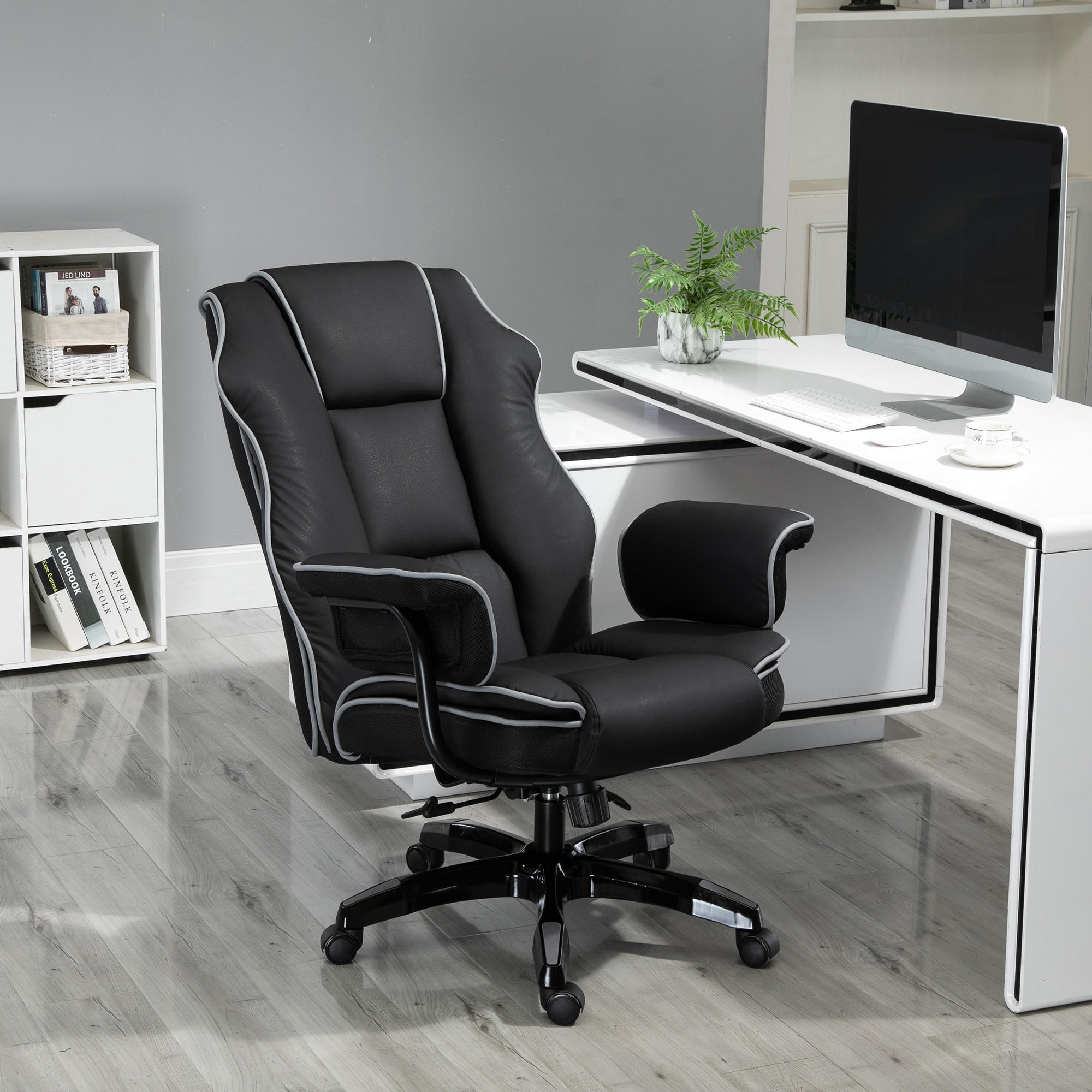 ERGONOMISCHER Bürostuhl, Schwarz - Schwarz, Leder (80/124/76cm) - Vinsetto
