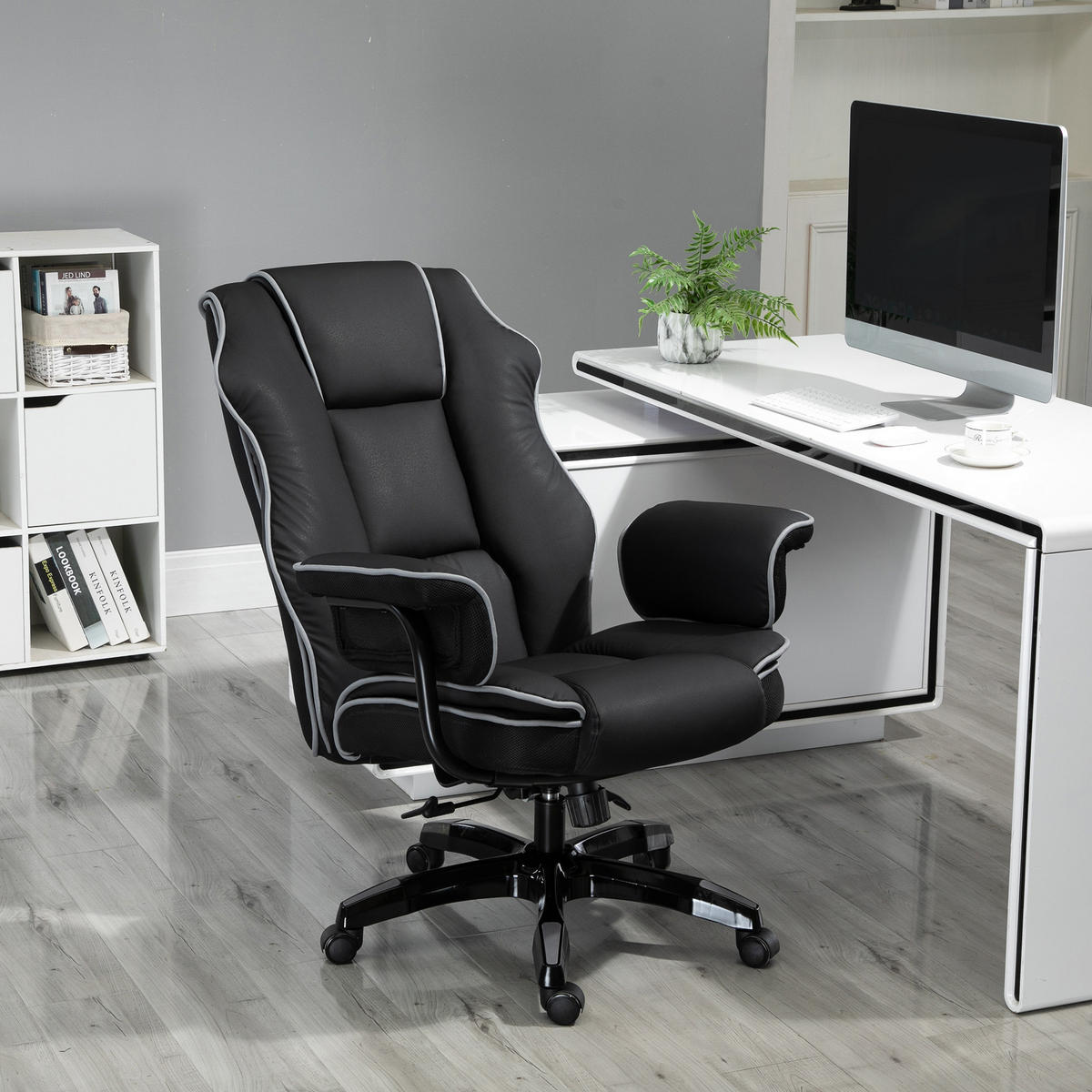 ERGONOMISCHER Bürostuhl, Schwarz - Schwarz, Leder (80/124/76cm) - Vinsetto