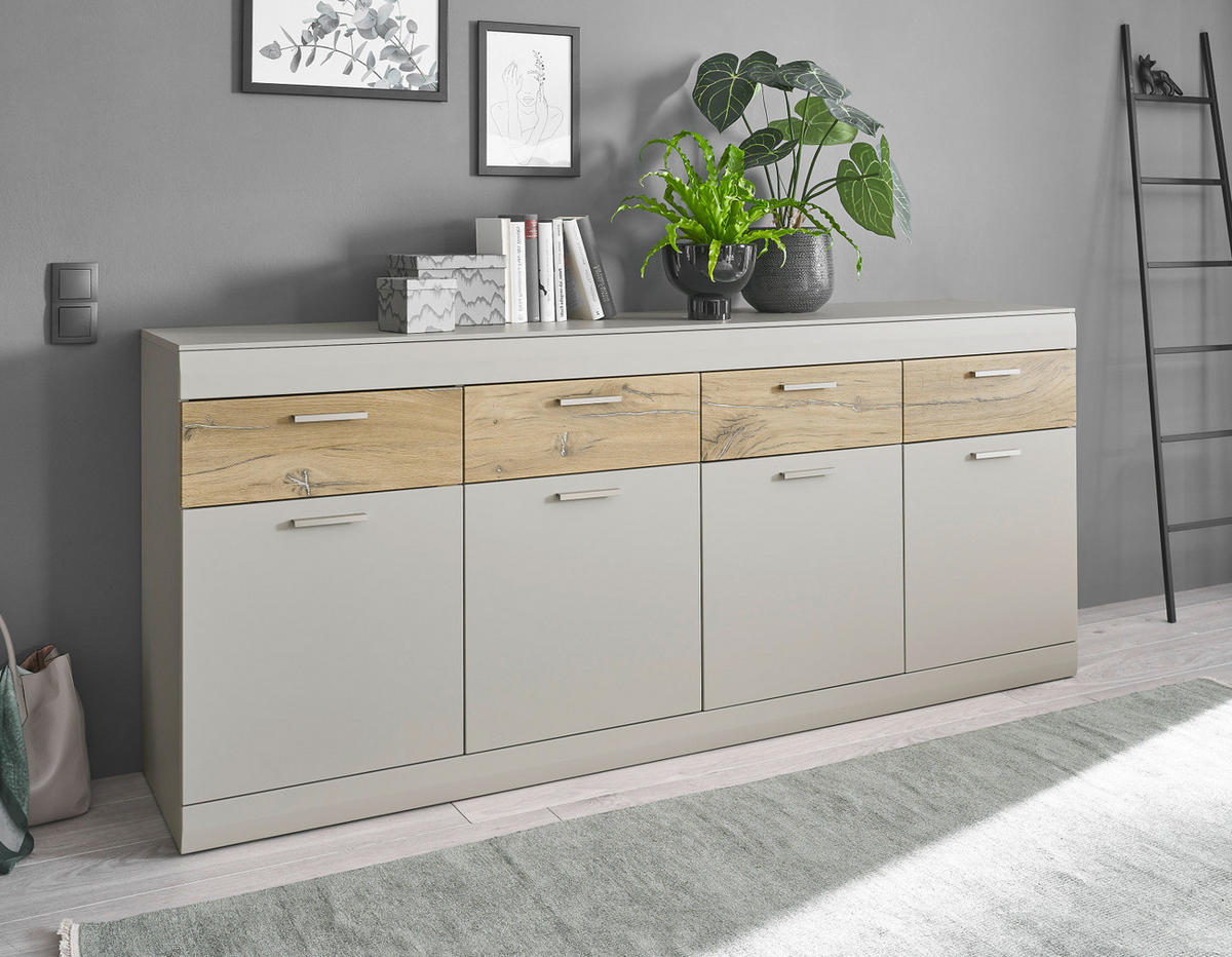 EX! SIDEBOARD grau matt, Zinneiche 200 cm, Kommode mit Soft-Close-Funktion - Eichefarben/Silberfarben, Holzwerkstoff/Metall (200/85/42cm) - Furn.Design
