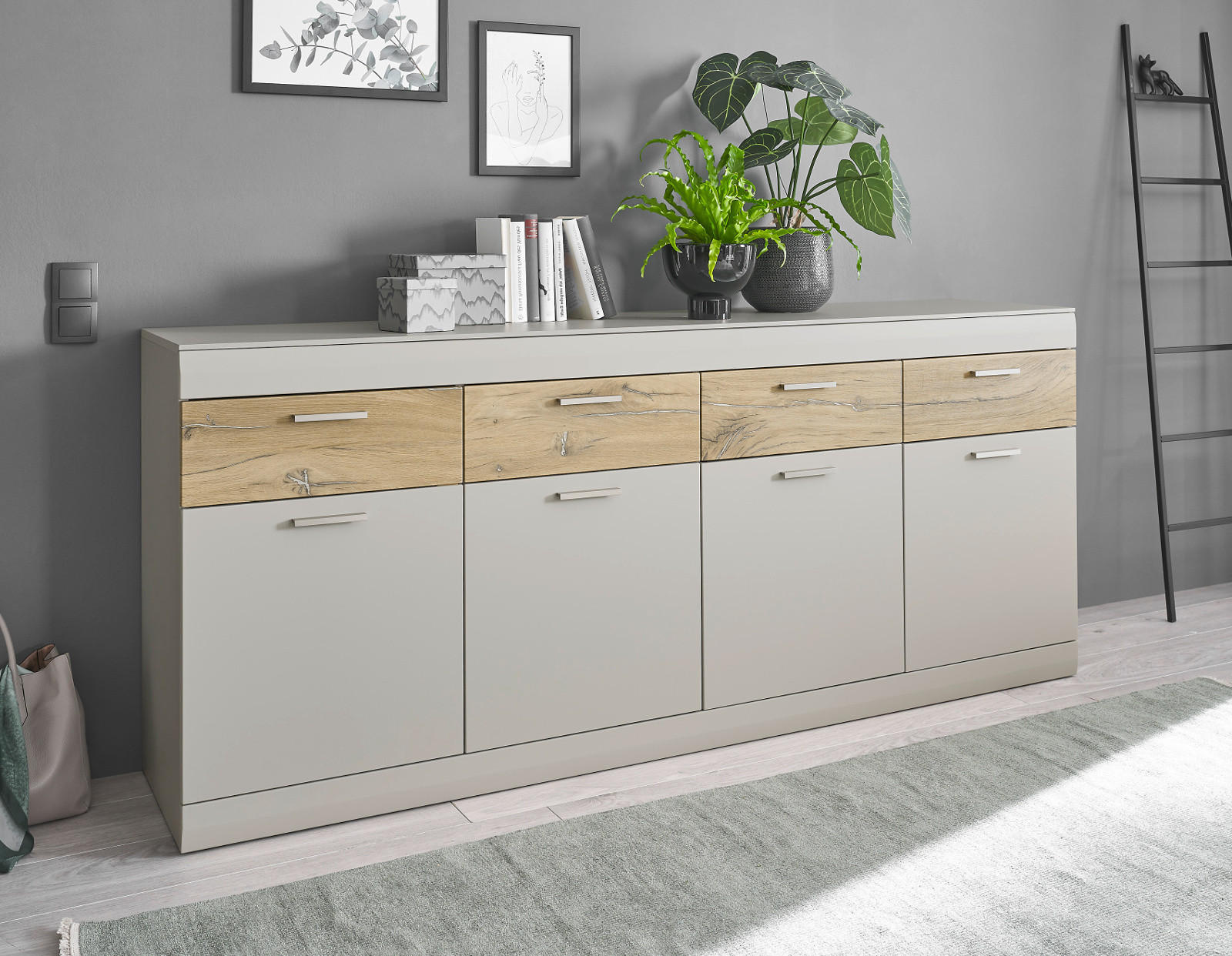 Thumbnail - Furn.Design Sideboard, Grau, Eiche, Metall, Nachbildung,Eiche, Uni, Holz Optik, 4 Fächer, 4 Schubladen, Sockel, 200x85x4...