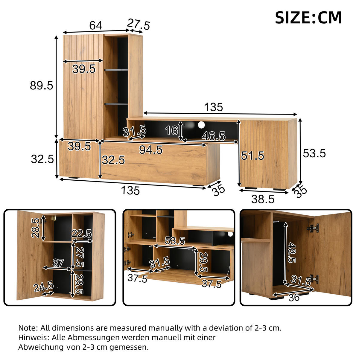 TV-MÖBEL-SET aus Spanplatte 135x35x53 cm Eiche/Schwarz mit verstellbarem TV-Lowboard und Wandschrank - Eichefarben, Holzwerkstoff (135/53.5/35cm) - IVMEU