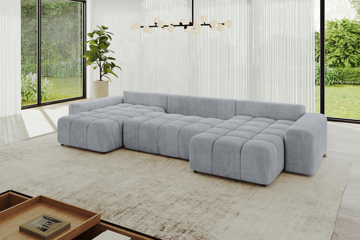 WOHNLANDSCHAFT ENIL-U 390x175x84 Hellgrau Velours - Hellgrau, Holzwerkstoff/Kunststoff (390/84/175cm) - ALTDECOR