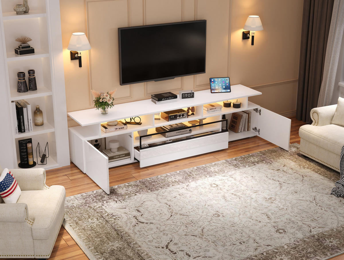TV-LOWBOARD aus Spanplatte 180x38x45 cm Weiß mit LED-Beleuchtung, 2 Schränken und 1 Schublade - Weiß, Holzwerkstoff (180/45/38cm) - IVMEU
