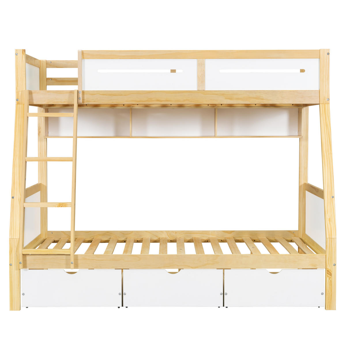 ETAGENBETT aus Kiefer und MDF 90x200/120x200 cm Weiß/Natur mit 3 Schubladen, Bilderbuchständer und Leiter - Weiß, Holzwerkstoff (90/200cm) - Modfu
