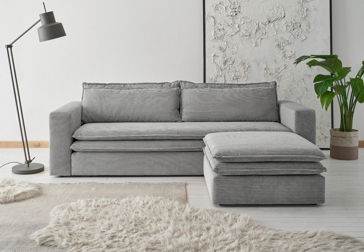 SOFA-SET hellgrau Cord, Couch 3-Sitzer mit Bettfunktion inklusive Hocker - Beige/Hellgrau, Holz/Textil (244/83/176cm) - Furn.Design