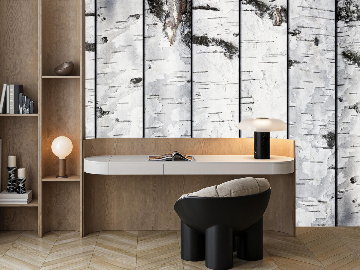 FOTOTAPETE für Schlafzimmer Birkenrinden Imitation Weiß Baum 300x210 - Schwarz/Weiß, Papier (300/210cm) - Muralo