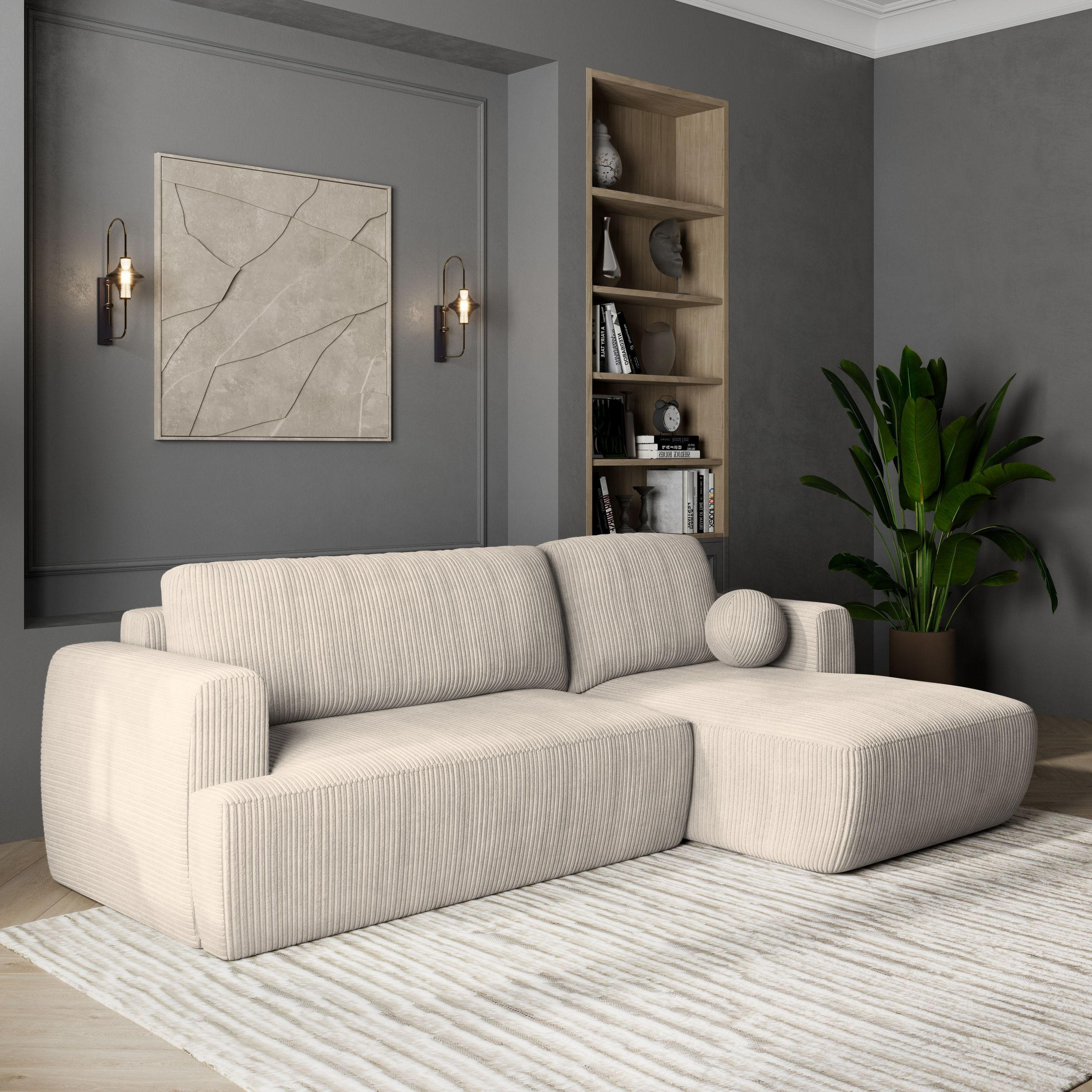 ECKSOFA SENTI P R-S Creme Kordstoff mit Schlaffunktion - Creme, Holz (246/148cm) - MASSENO