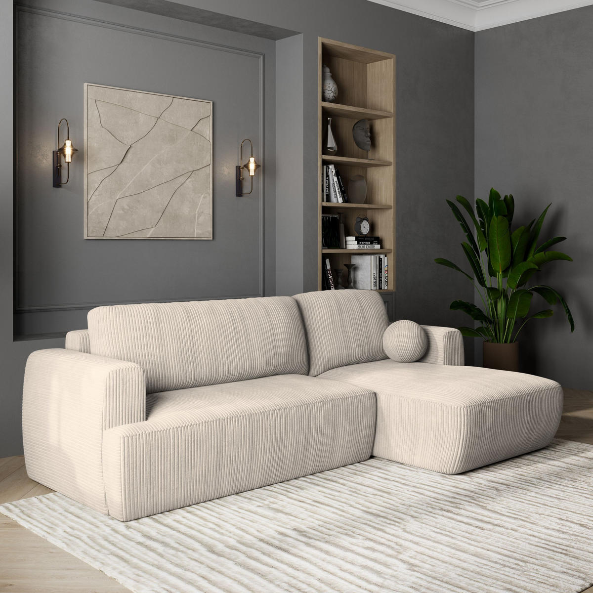 ECKSOFA SENTI P R-S Creme Kordstoff mit Schlaffunktion - Creme, Holz (246/148cm) - MASSENO