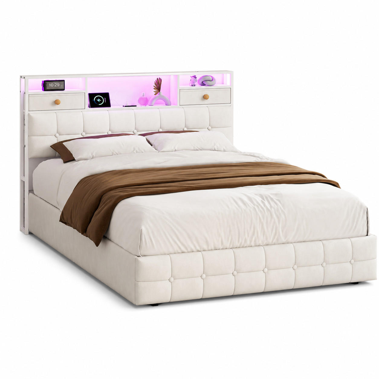 POLSTERBETT 140/200 cm mit Schubladen, Stauraum und LED-Beleuchtung - Beige, Holz/Metall (160/200cm) - FURNISHINGS HOME
