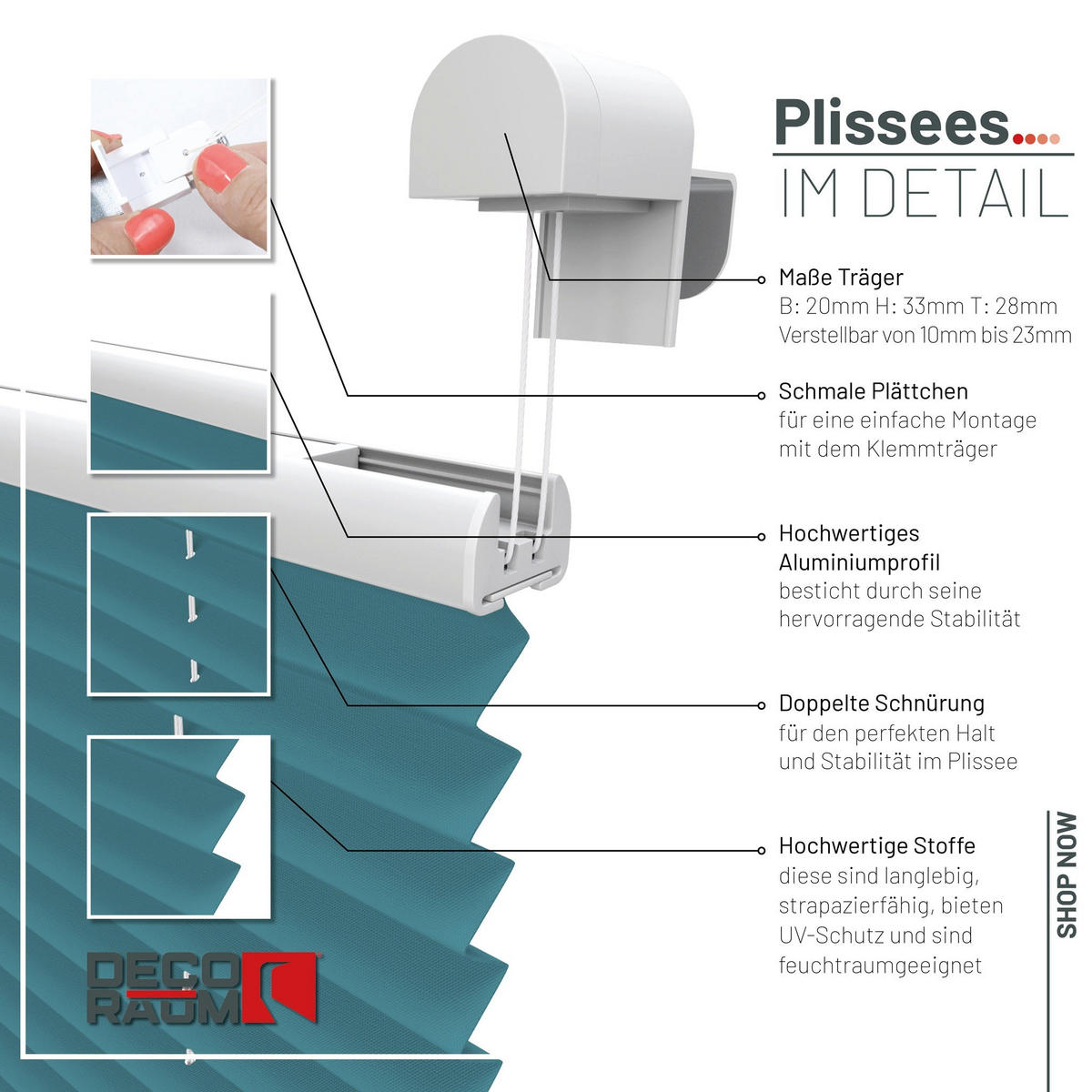 PLISSEE Basic ohne Bohren - Petrol, Textil (120/150cm) - Deco-Raum
