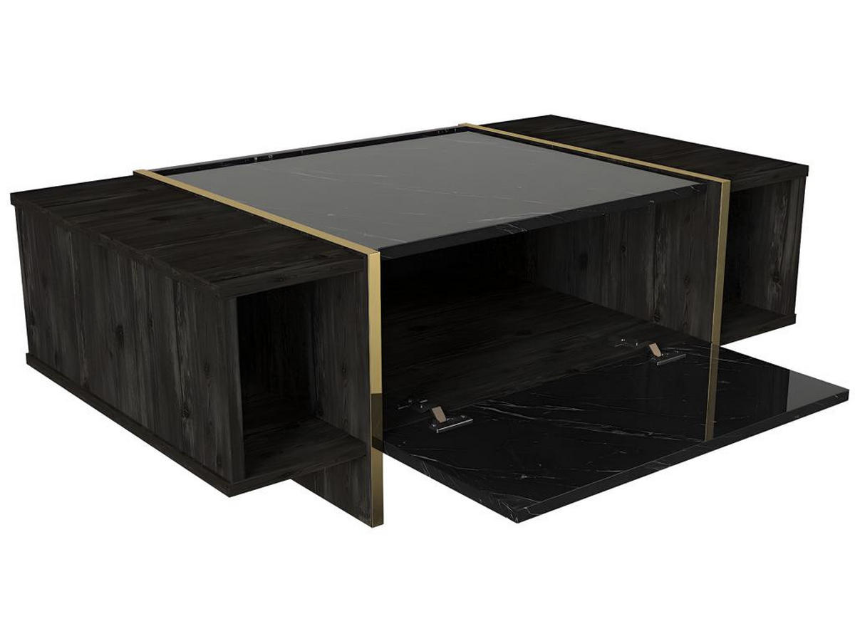 COUCHTISCH mit 1 Tür & 2 Ablagen - Marmor-Optik Schwarz & Goldfarben - CADEBA - Schwarz, Stein (103.8/60/37.3cm) - Vente-Unique