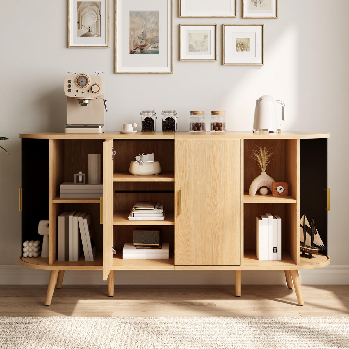 SIDEBOARD Schiebetüren Rillenoptik Metallgriffe Gebogenes Design - Naturfarben, Holzwerkstoff (150/79/40cm) - FLIEKS