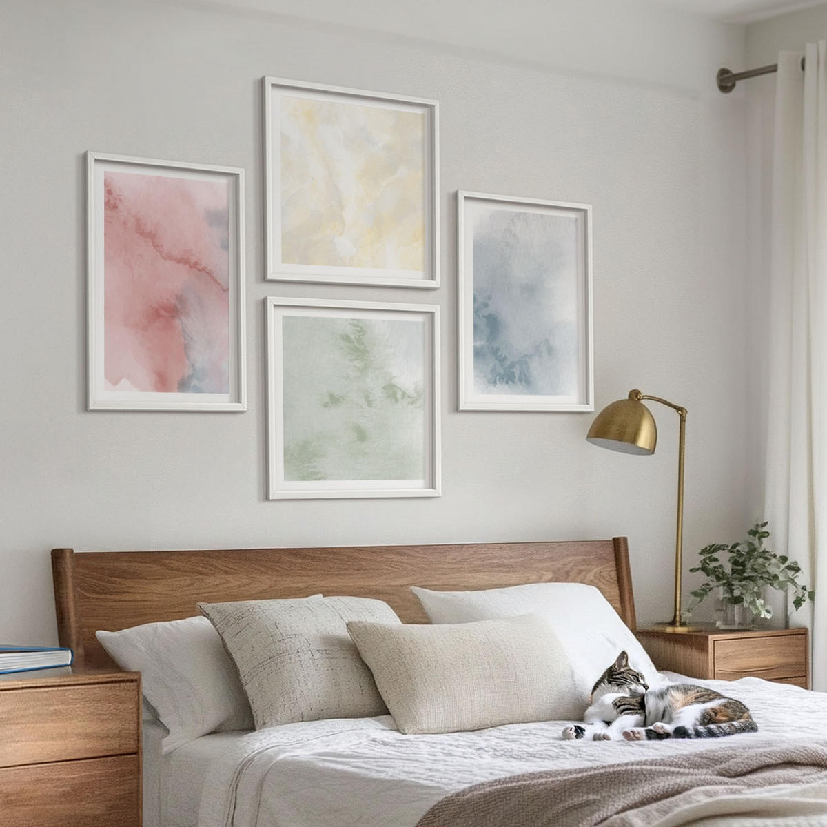 WANDBILDER 4er-Set - 50x50 cm & 40x60 cm Weißer Rahmen - Aquarellfarben in Pastellfarben - Weiß, Kunststoff (50/50cm) - ArtPrintCave