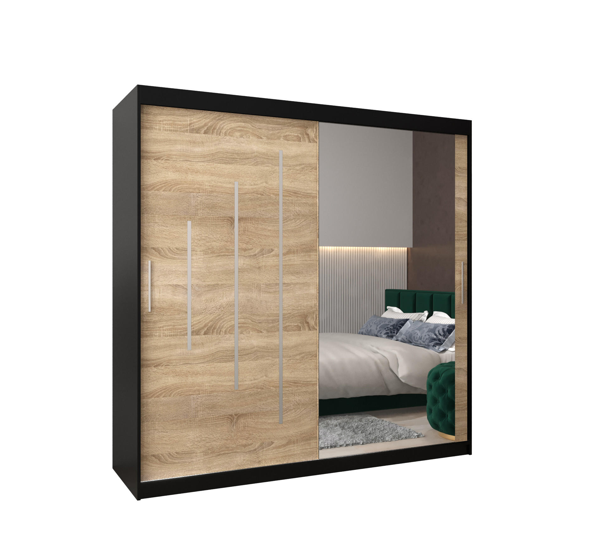 Abiks Möbel Schwebetürenschrank Schwarz, Sonoma Eiche 200x200x62 cm
