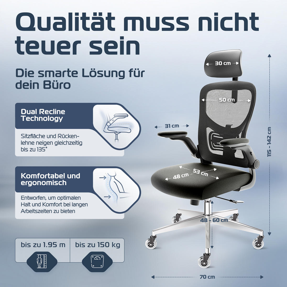 Bürostuhl SmartSeat Schwarz - Silberfarben/Schwarz, Kunststoff/Textil (70/142/70cm) - Clouvou