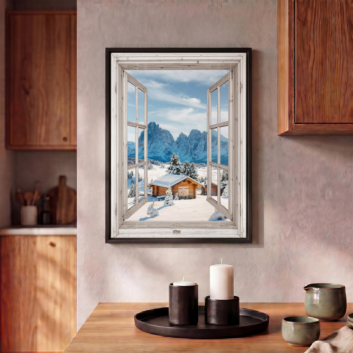 LEINWAND Bilder mit Rahmen - Winterlandschaft - Hütte - Berge - Ausblicke - Aussicht - Natur - 30x40 - Weiß Hochglanz, Textil (30/40cm) - MuchoWow