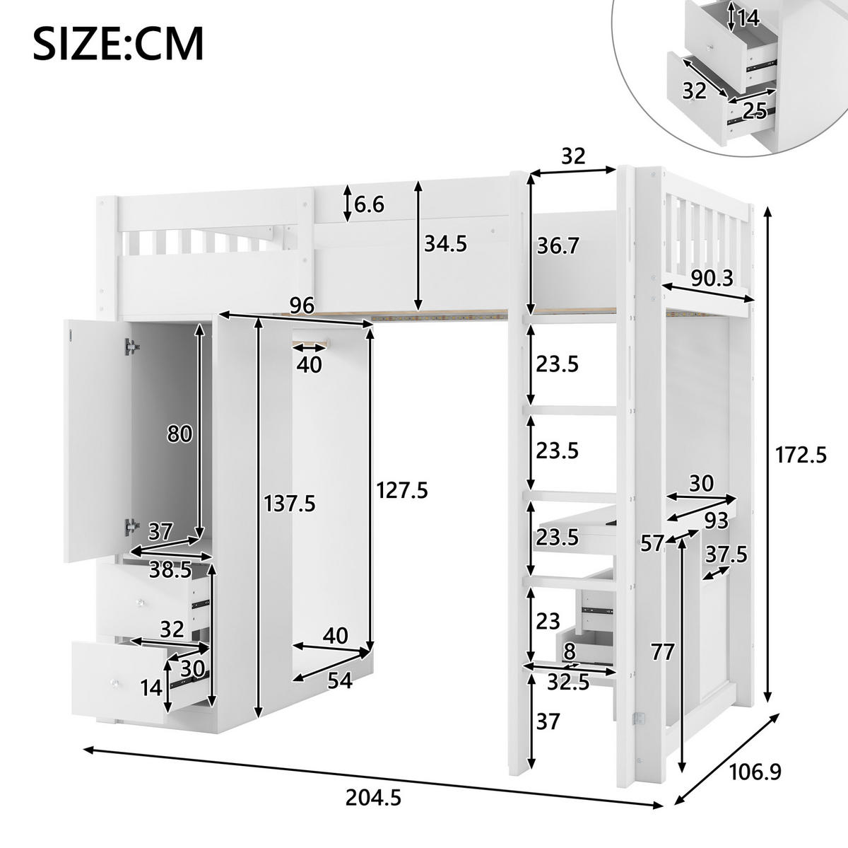 HOCHBETT 90/200 cm aus Massivholz und MDF mit Schreibtisch, LED, USB, 4 Schubladen und Kleiderschrank, Weiß - Weiß, Holzwerkstoff (90/200cm) - Redom