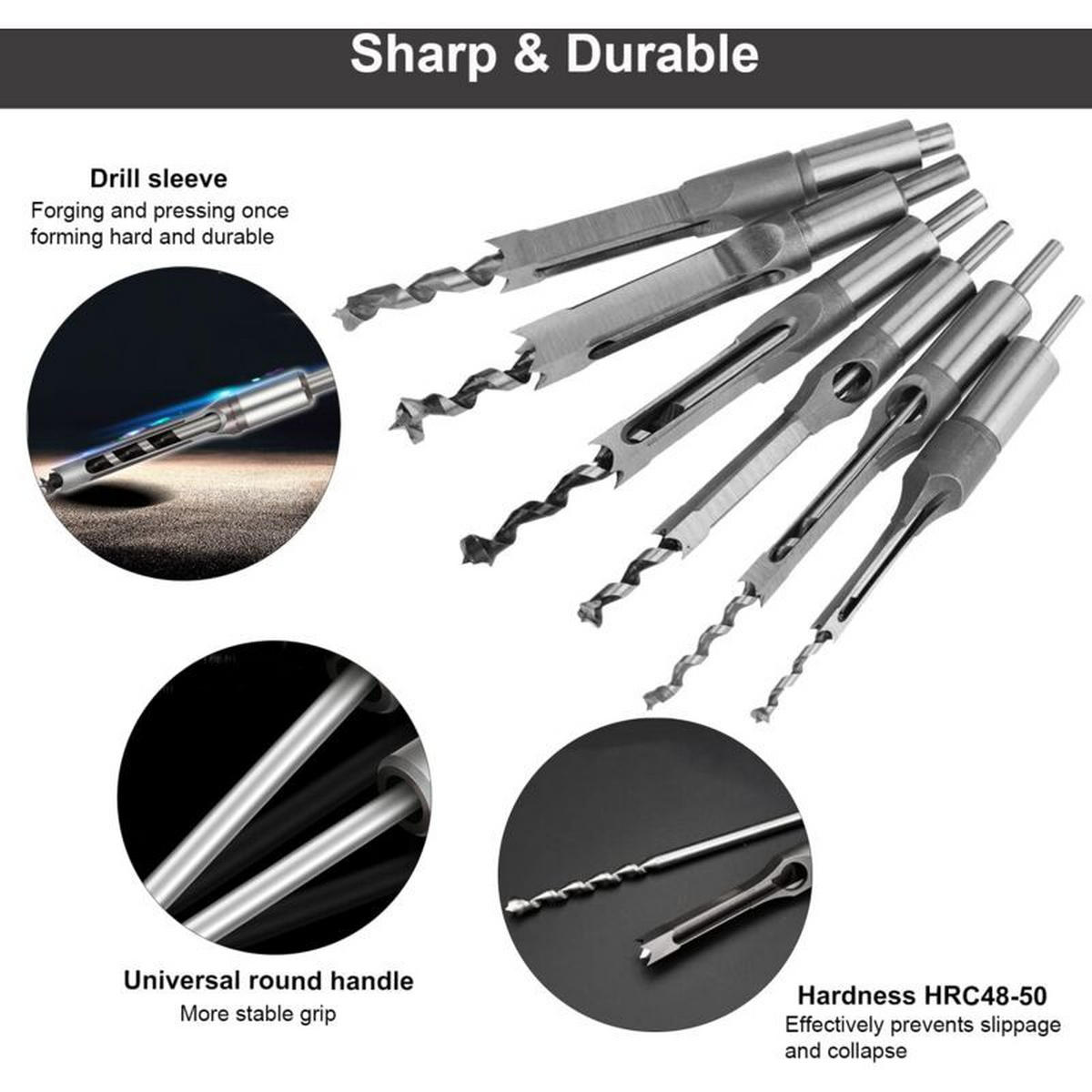 BOHRER – 6 Stück – Vierkant – Größen 6,4/8/9,5/12,7/14/16 mm - Silberfarben, Metall (1.9/1/20cm) - DCA