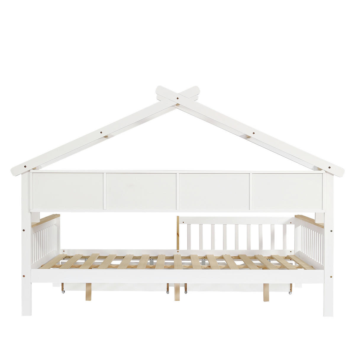 KINDERETAGENBETT 90x200 cm, mit Dach, Fenster, Schutzgeländer & 4-stufiger Leiter, Kiefernholz, weiß/grün - Weiß, Holz (140/200cm)