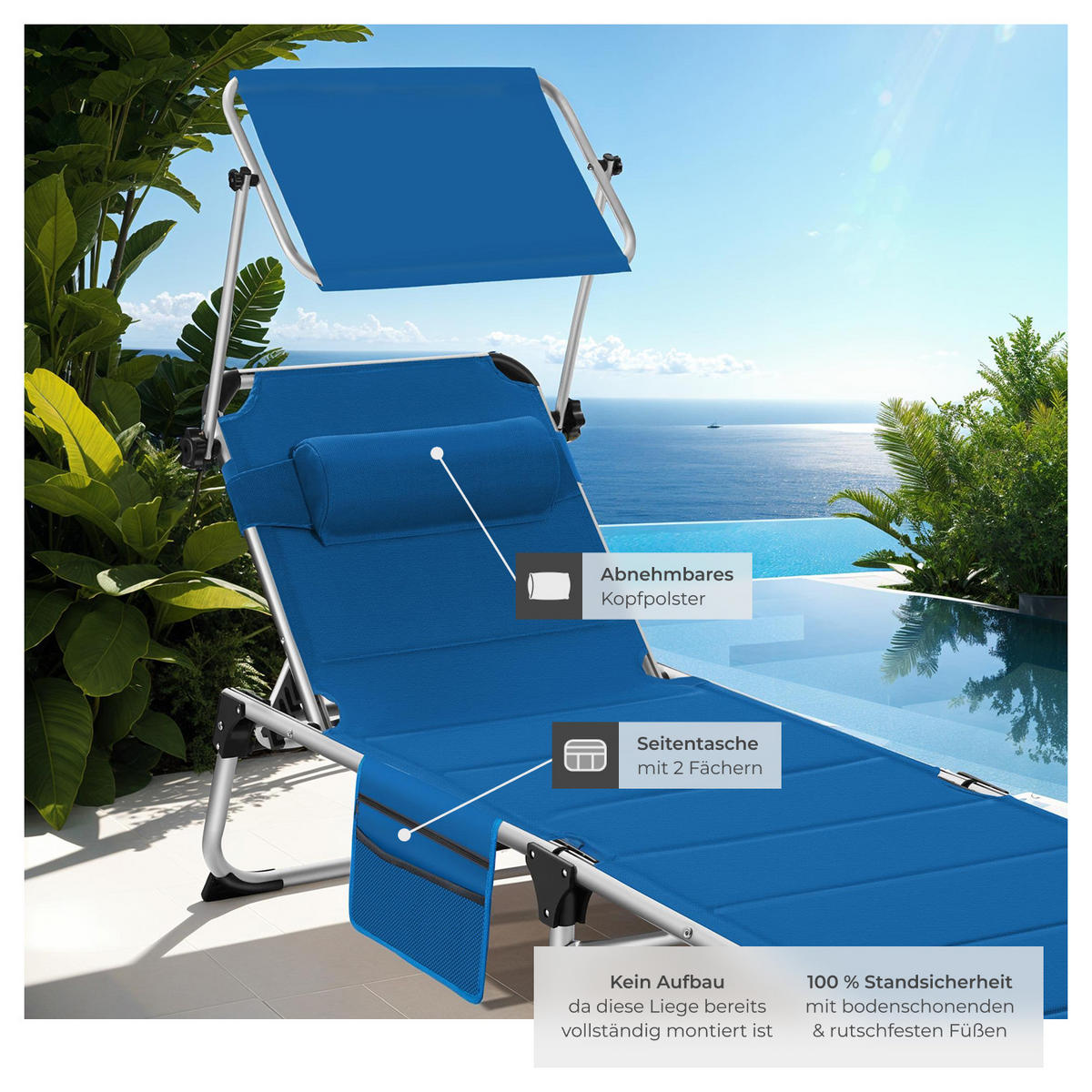 SONNENLIEGE Lorella,220 x 60,5 x 34 cm, mit Seitentasche ,blau - Blau, Kunststoff (60.5/115/200cm) - tectake