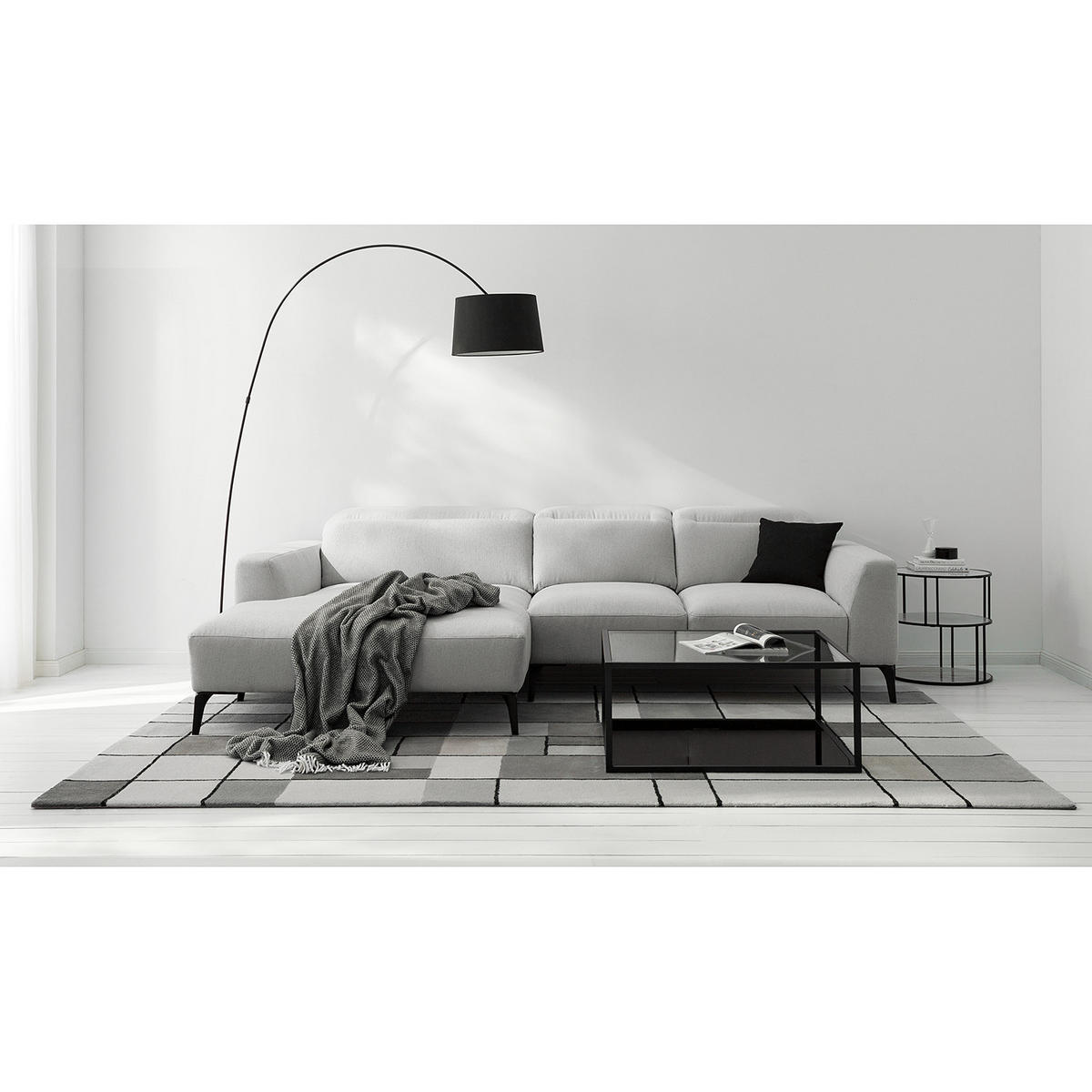 ECKSOFA mit Longchair - Hellgrau/Schwarz, Textil/Metall (265/180cm) - home24