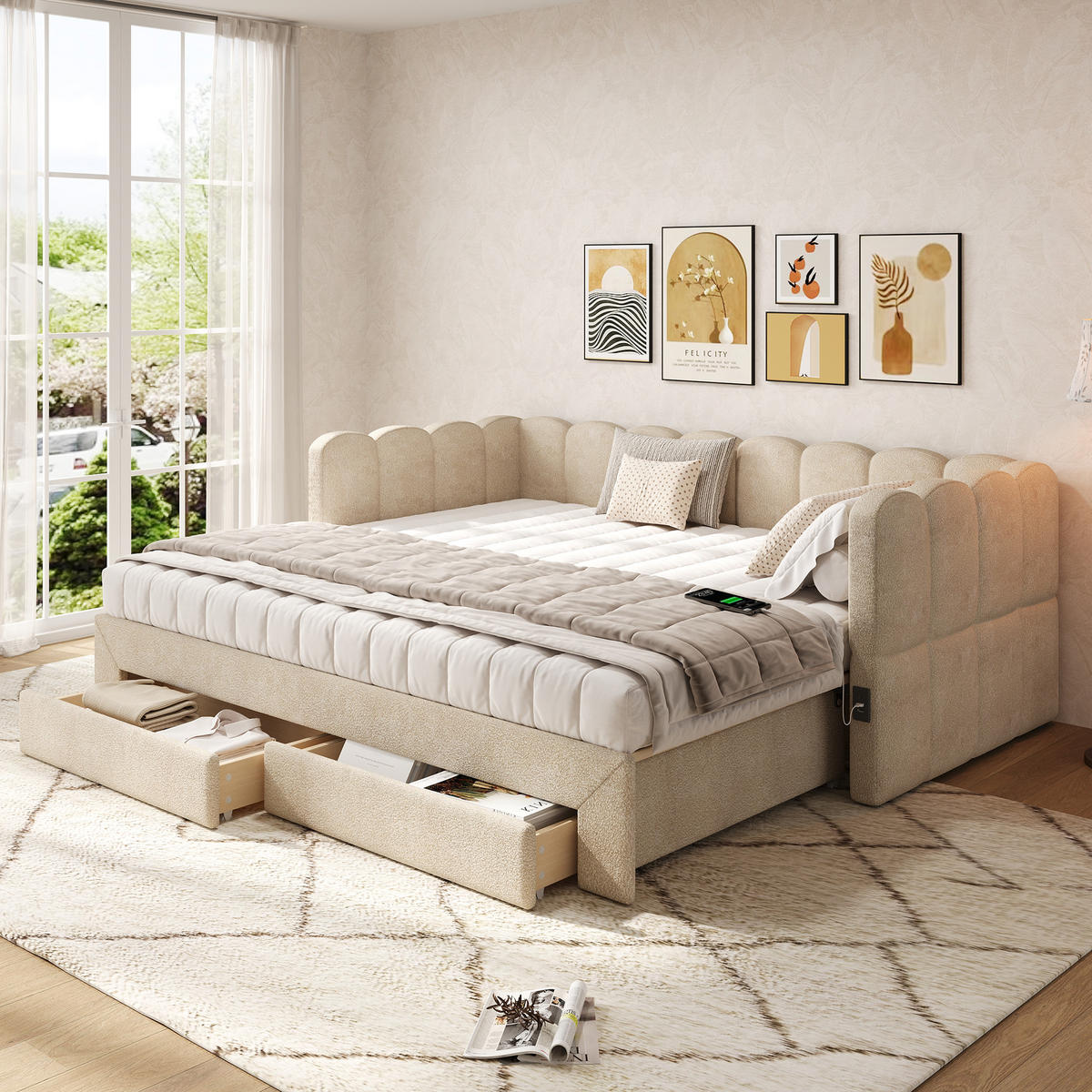POLSTERBETT 90/190 cm beige aus Chenille mit Ausziehfunktion und USB-Anschluss - Beige, Textil (90/190cm) - OKWISH
