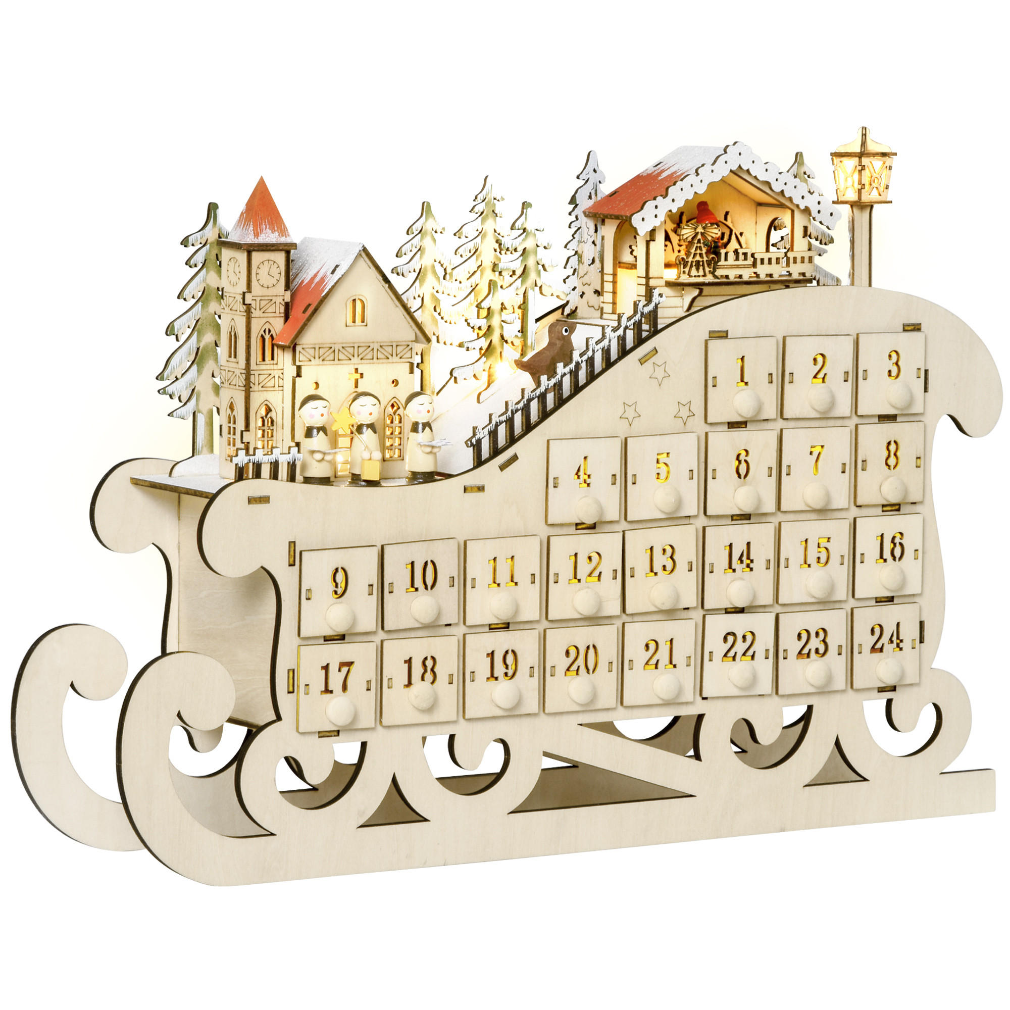 ADVENTSKALENDER Weihnachtskalender 24 Schubladen mit LED Schlitten-From - Naturfarben, Holz (10/31/45cm) - HOMCOM