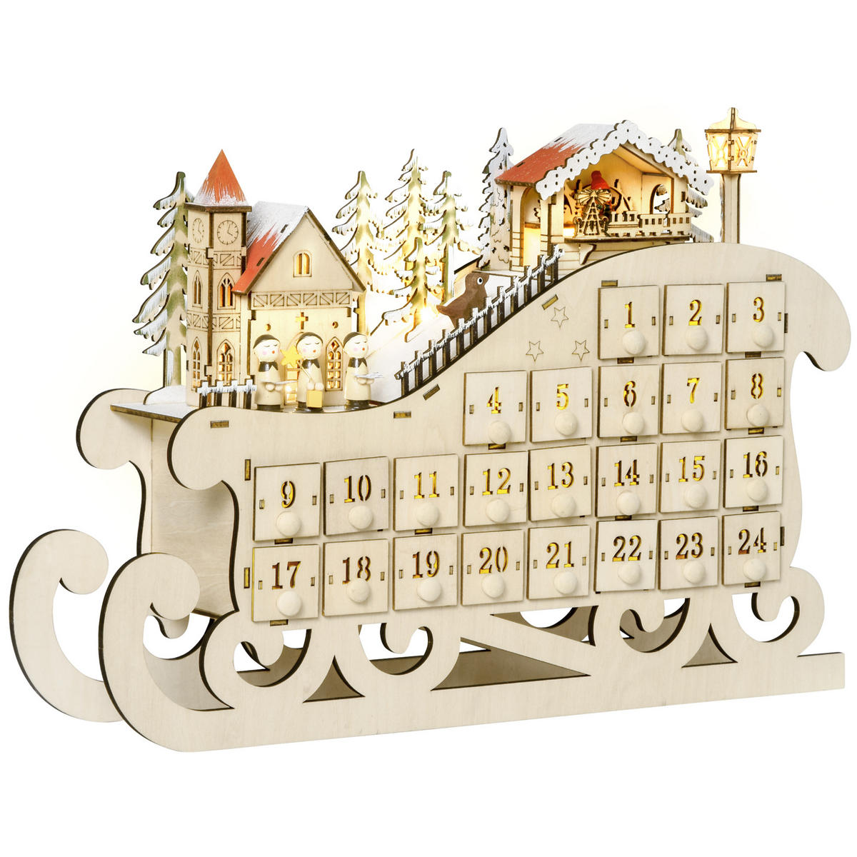 ADVENTSKALENDER zum Befüllen, 24 Schubladen Fächer, mit LED-Lichtern, Naturholz - Naturfarben, Holz (10/31/45cm) - HOMCOM