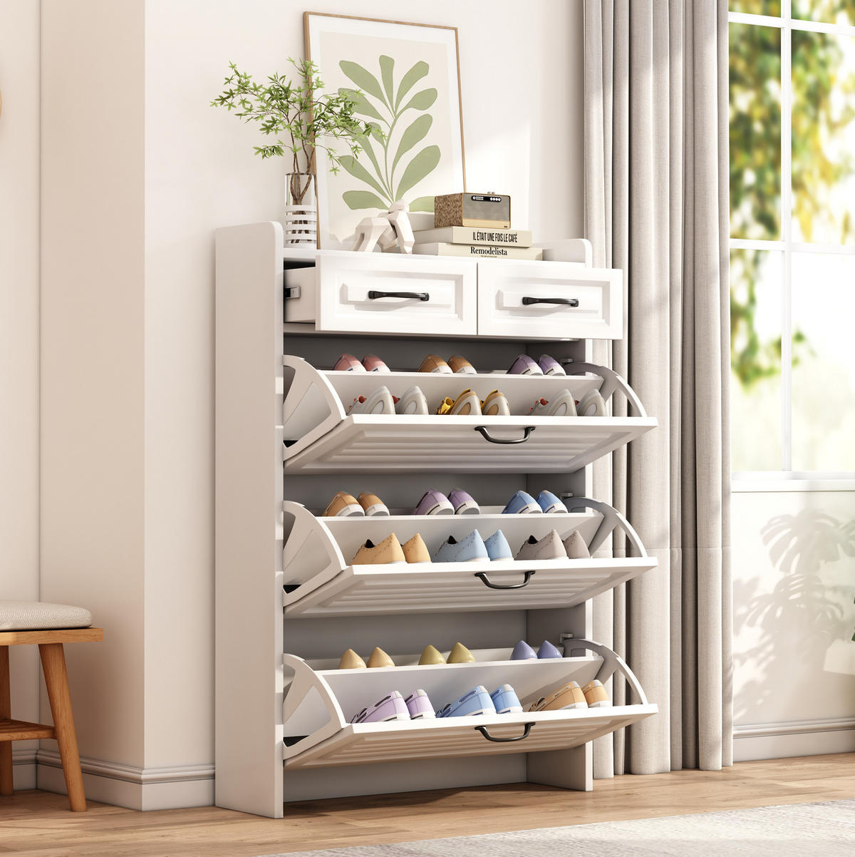SCHUHSCHRANK mit 3 Klappen und 2 Schubladen 80 x 23,5 x 131 cm Weiß - Weiß, Holzwerkstoff (23.5/131/80cm) - Beauniv