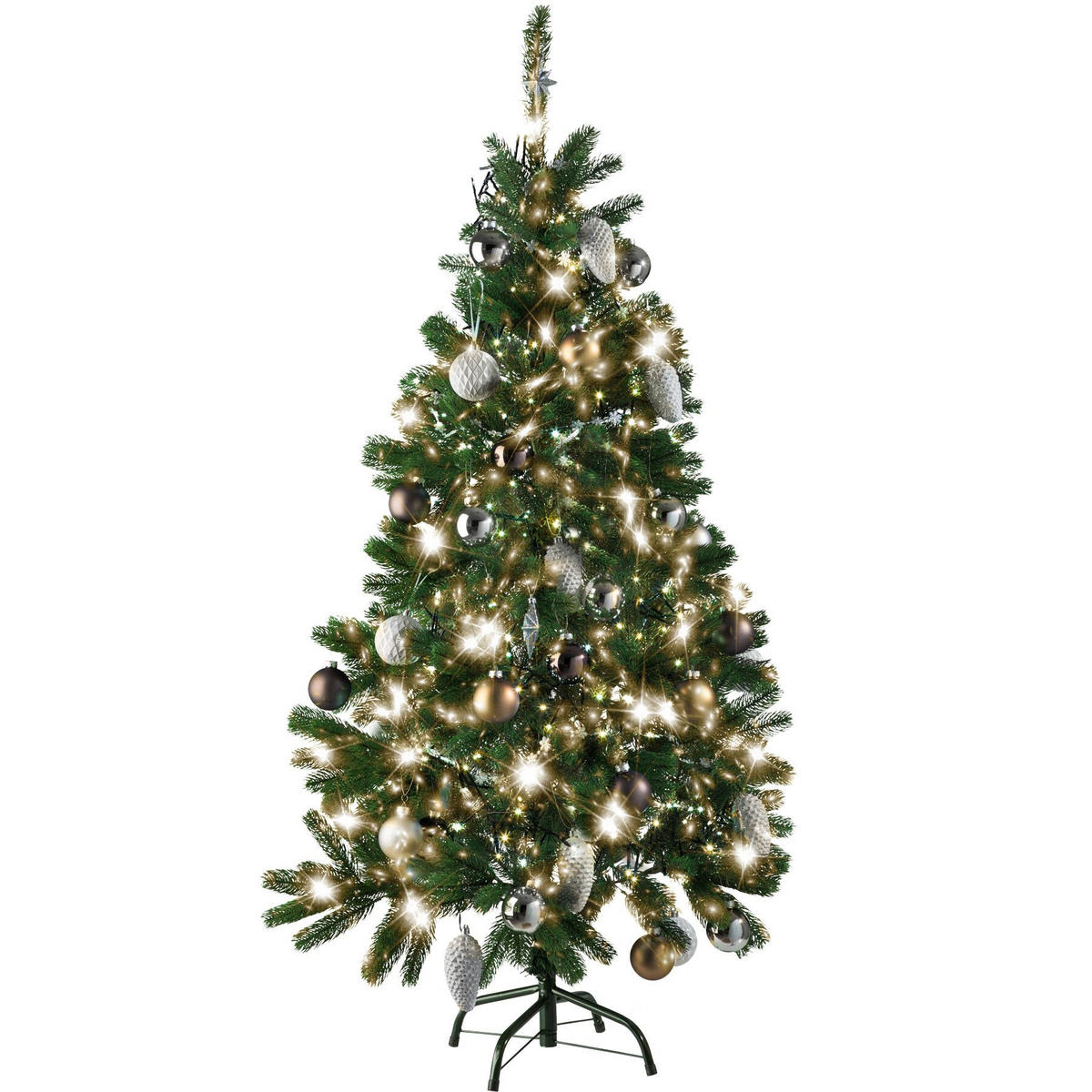 SET WEIHNACHTSBAUM MIT LICHTERKETTE ,inklusive Metallständer mit Kunststoffkappen,grün - Grün, Kunststoff (140cm) - tectake