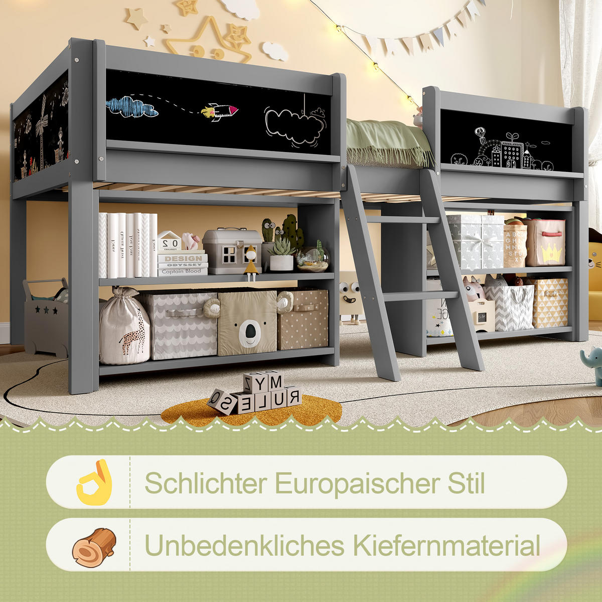 HALBHOHES BETT 90x200cm Grau Kiefer Einlegeböden Geländer Leiter - Grau, Holz (90/200cm) - FLIEKS