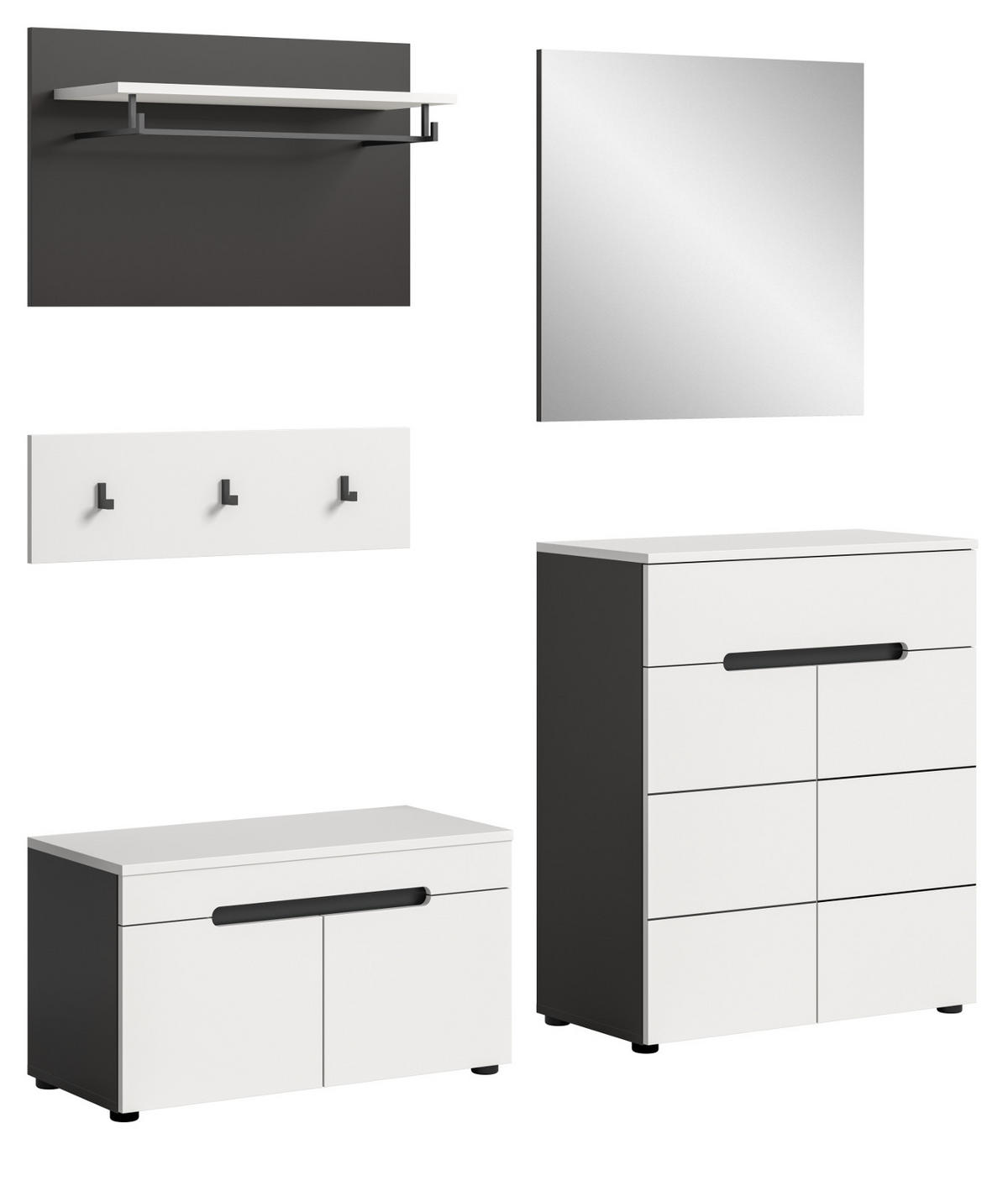 GARDEROBEN-SET 5-teilig in weiß, grau 175 cm, Kombination mit Soft-Close, Cooper - Schwarz/Weiß, Glas/Holzwerkstoff (175/190/37cm) - Inn.Furn