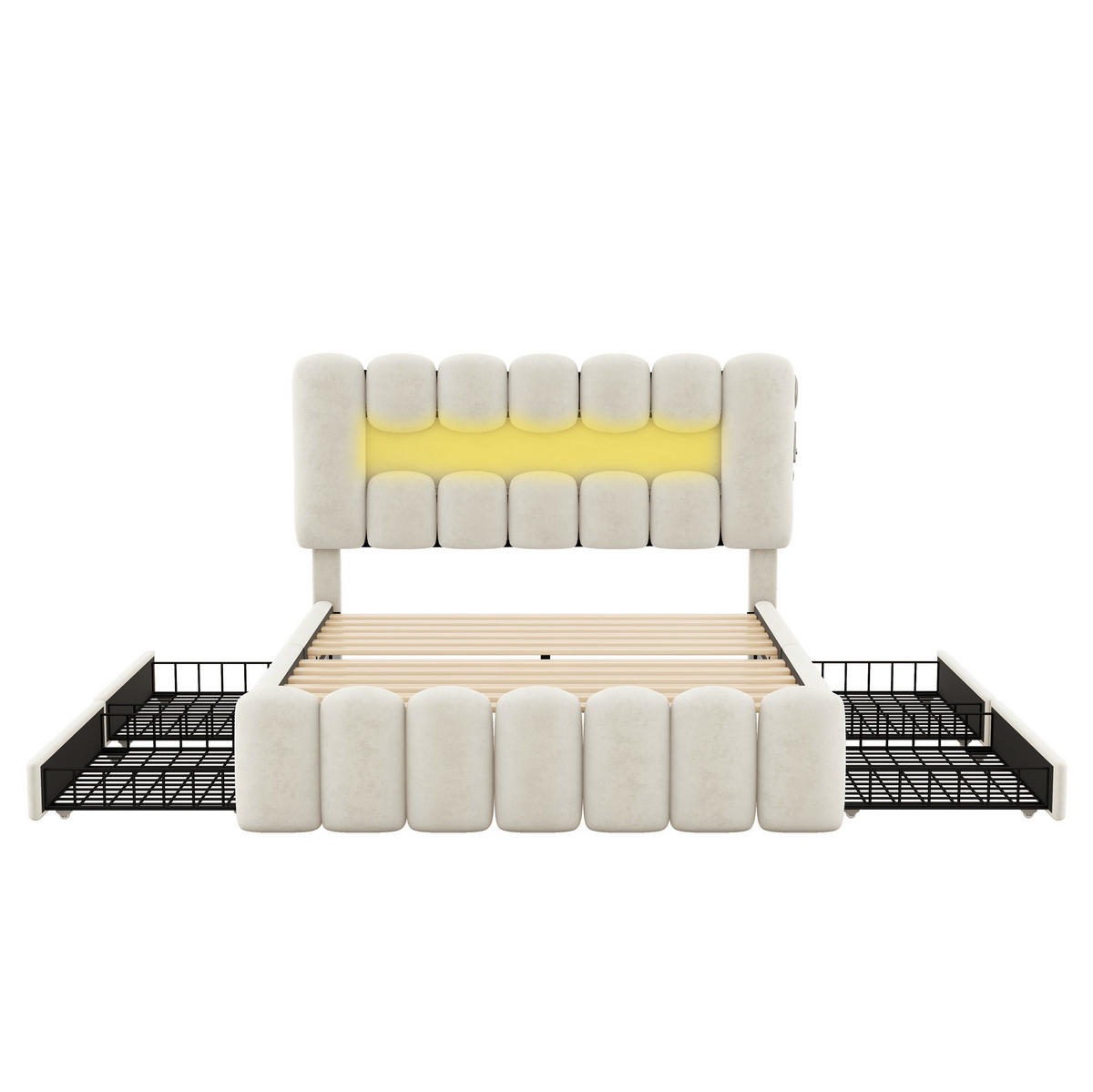 POLSTERBETT aus Samt 140 x 200 cm in Beige mit LED, USB, Lautsprechern & 4 Schubladen - Beige, Textil (140/200cm) - Modfu