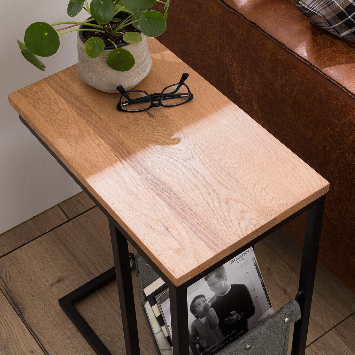 BEISTELLTISCH mit Ablage - Eiche massiv / Eisen - Eiche / Schwarz - Schwarz/Braun, Holz/Metall (30/50/60cm) - home24