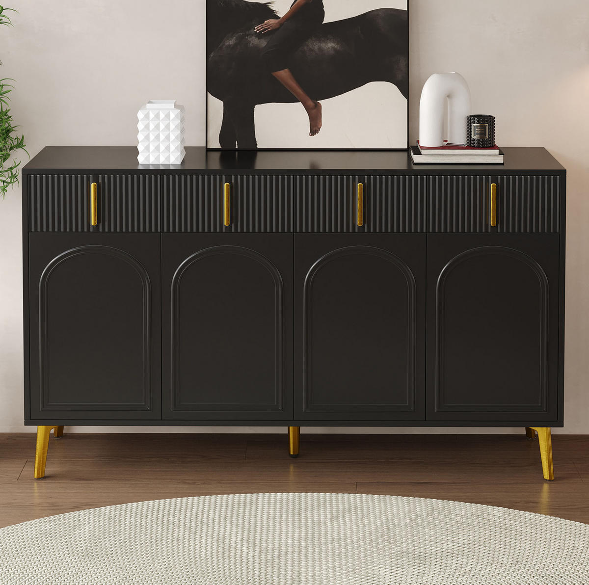 SIDEBOARD mit 4 Türen und 4 Schubladen, (MDF/Melamin), goldfarbenen Griffen und Beinen, 140/38/82 cm, Schwarz - Schwarz, Holzwerkstoff (140/82/38cm) - Redom
