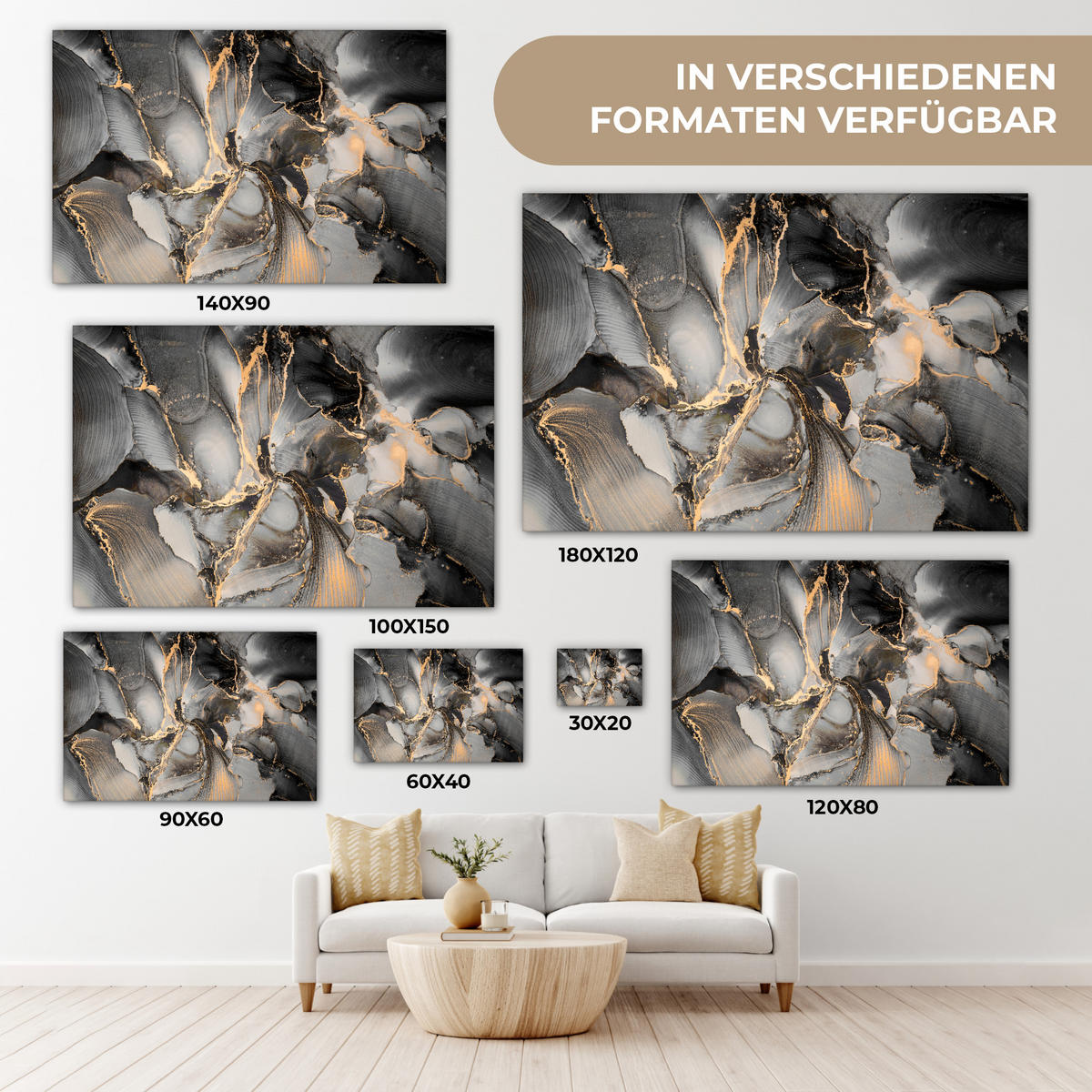 LEINWANDBILD Grau - Luxus - Gold - Marmor Groß 140x90 cm - Dunkelgrau, Textil (140/90cm) - MuchoWow