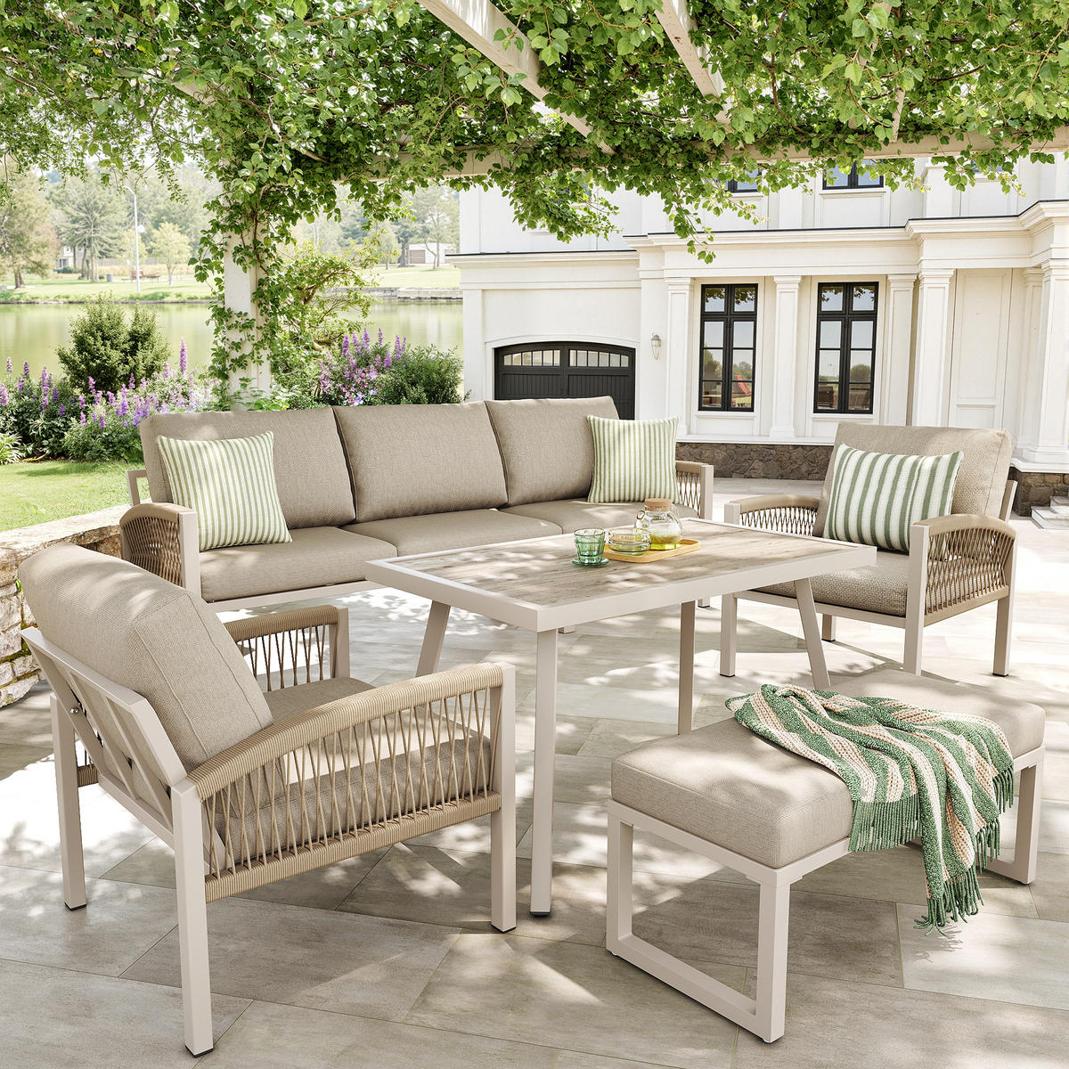 GARTENSET 7 Personen Mit Armlehnen Beige Inkl. Tisch & 2 Sesseln - Beige, Metall - FLIEKS