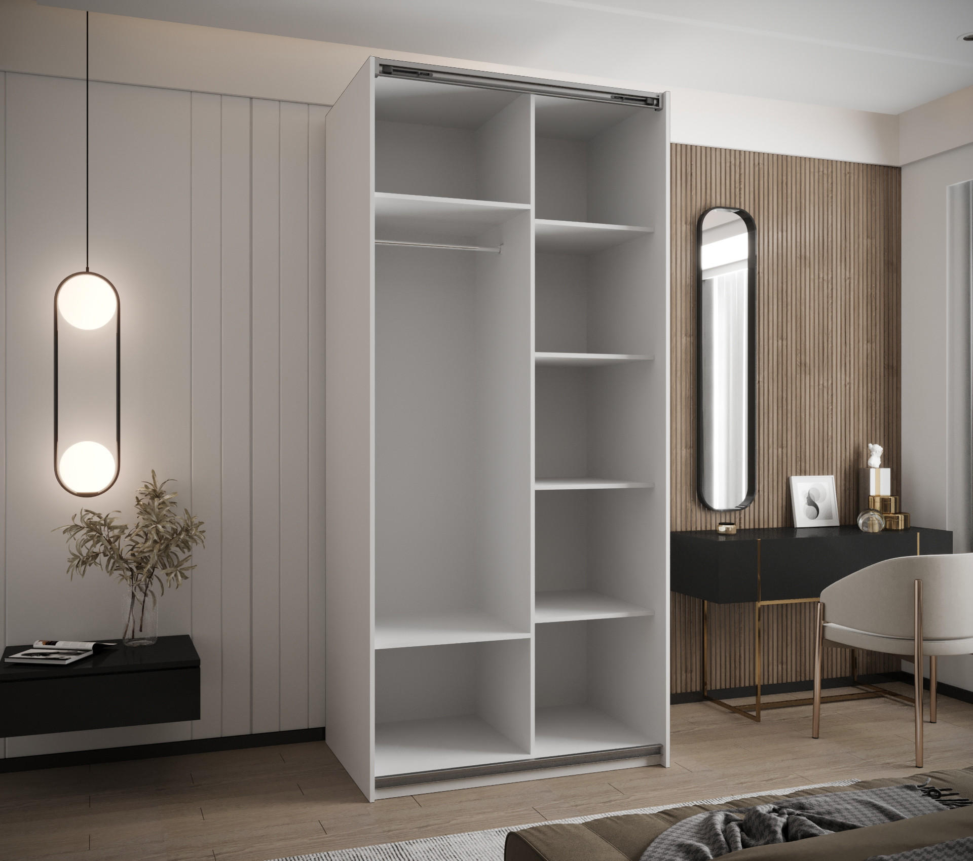 Thumbnail - Abiks Möbel Schwebetürenschrank, Weiß, Schwarz, Schwarz, Metall, Nachbildung, 6 Fächer, 100x245x64 cm, Schlafzimmer, Kle...